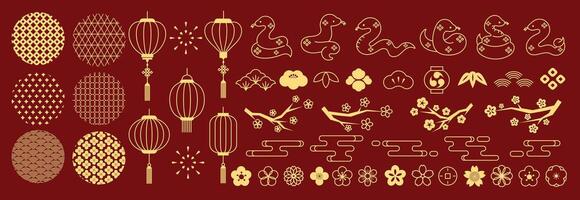 Happy Chinese new year. Year of the snake collection with flower, lantern, pattern cherry blossom on red background. vector