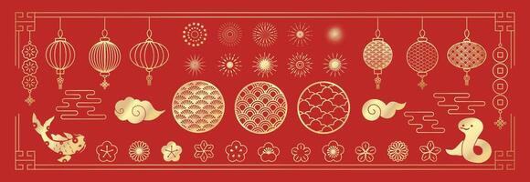 Happy Chinese New year element. Collectionn of Japanese flower design , firework, zodiac, year of the snake, lantern, cloud vector
