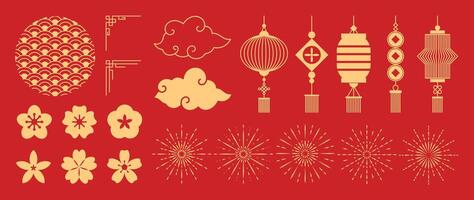 Happy Chinese new year element design on red background, Collection of flower, pattern Chinese corner, lantern, cloud ,firework. vector