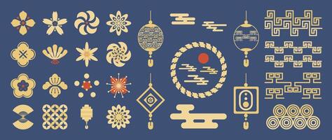 Japanese element design of flower, lantern, cloud, pattern on blue background. vector