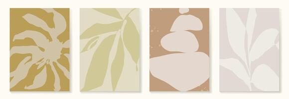 Set of abstract foliage, leaf branch, stones, tree with earth tone colour background. vector