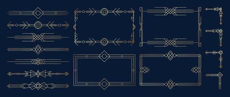 Geometric art deco ornament. Golden decorative element with different line, frame, headers, dividers, borders, gatsby. Set of elegant design suitable for card, invitation, poster. vector