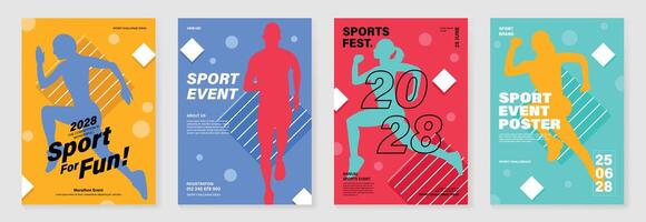 Sprort poster design background set. Running sport cover template with vibrant abstract gradient geometric shape and people running. Ideal design for social media, flyer, promotion, card. vector