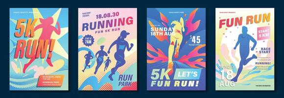Running event poster design background set. Sport cover template with vibrant abstract gradient geometric shape and people running. Ideal design for social media, flyer, promotion, card. vector