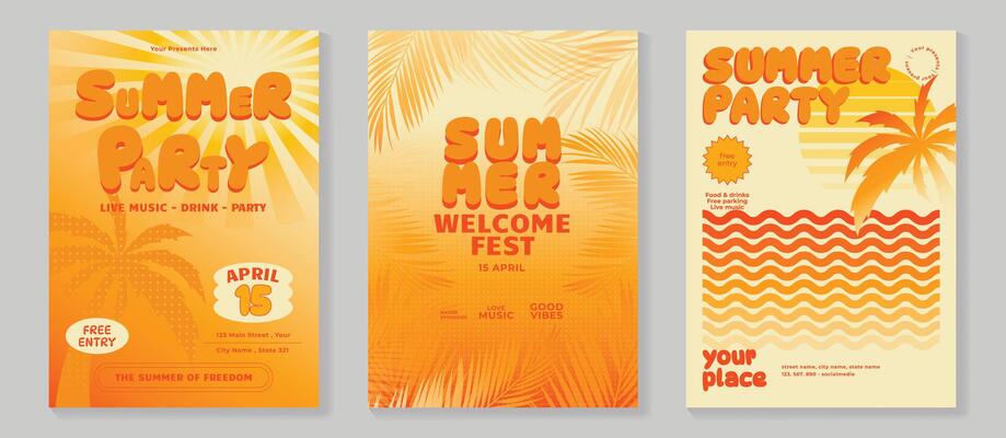 Summer party Electro Sound Cover template with coconut tree, orange color, line wave, beach, sunset. Hot summer design for social media, party, music festival.