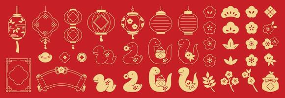 Happy Japanese new year, Year of the Snake element of frame gold coin, lantern, flower design on red background. vector