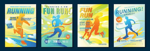 Running poster design background set. Running sport cover template with vibrant abstract gradient geometric shape and people running. Ideal design for social media, flyer, promotion, card. vector