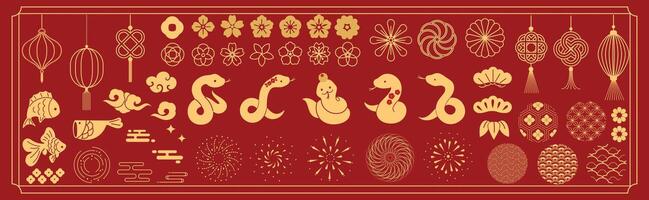Happy Japanese new year with zodiac year of the snake, lantern, koi carp fish, flower, firework on red background. vector