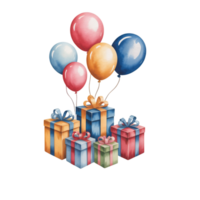 Brightly colored balloons float above a collection of neatly wrapped gift boxes, each adorned with decorative ribbons cutouts' png