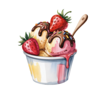 A delightful dessert dish features two scoops of ice cream drizzled with chocolate sauce and topped with colorful sprinkles. png