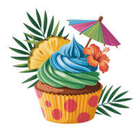 A colorful cupcake with swirls of blue and green frosting is adorned with a slice of pineapple, a tropical flower, and a small umbrella. cutouts' png