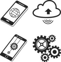 Technology Icons Illustrations Silhouette Design. Silhouette Technology Icons and Illustrations Set. Modern Tech Icons in Silhouette Illustration Style. Technology Themed Silhouette Icons and Graphics vector