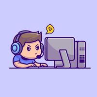 Cute Boy Playing Game On Computer Cartoon Illustration vector