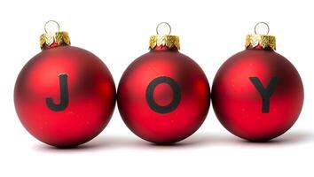 Festive christmas baubles arranged to spell joy against a clean white background symbolizing holiday cheer and celebration photo