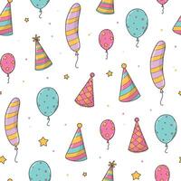 Birthday seamless pattern with doodles of balloons and cone hats for wallpaper, background, textile print, wrapping paper, scrapbooking, stationery, etc. EPS 10 vector