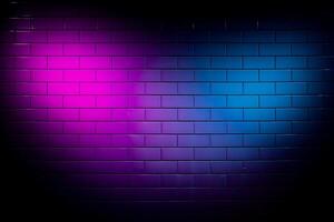 Colorful brick wall illuminated with pink and blue gradient lighting creating a visually appealing background texture photo