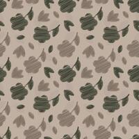 Repeating seamless pattern with knitted flowers and doodle leaves on a green background. A simple cute background. vector