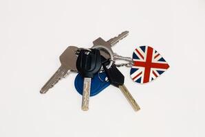 Multiple Keys with Union Jack Keyring Charm on White Background photo