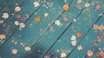 Autumn Leaves Weathered Wooden Planks photo