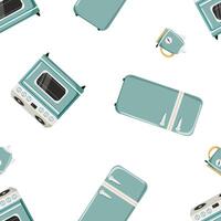 Seamless pattern with retro stove, fridge and kettle vector