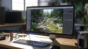 Digital display screen showing a rendered forest scene. photo