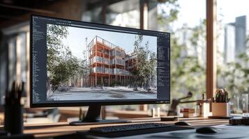 Architectural design rendering displayed on a computer monitor. photo