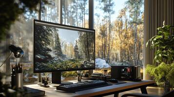 Modern workspace with forest scenery display. photo