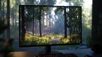 Digital display showcasing a tranquil forest scene. photo