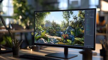 Digital display shows a lush, tropical landscape design. photo