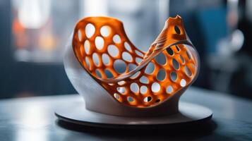 Complex 3d printed object with intricate orange design. photo