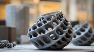 Grey, intricate 3d printed decorative object on a wooden surface. photo
