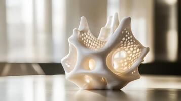 Intricate, 3D-printed sculptural form on a table. photo