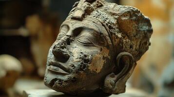 Ancient stone head, weathered and detailed, displayed in a museum. photo