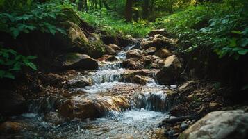 Picturesque woodland stream cascading over rocks. photo