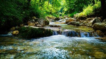 Serene mountain stream flowing through lush forest. photo