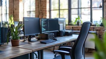Modern office workspace with computers and plants. photo