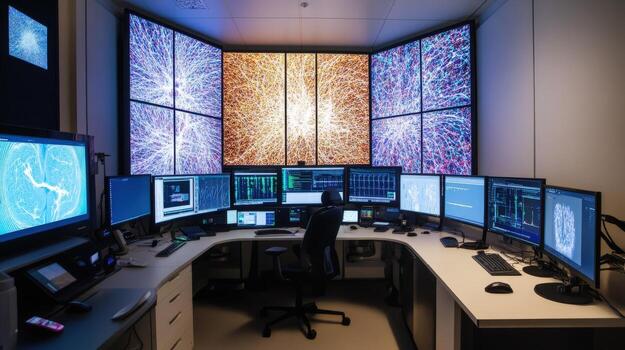 Modern, technological workspace with numerous screens. photo