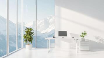 Modern minimalist office space with mountain view. photo