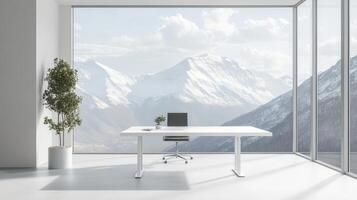 Modern, minimalist office workspace with panoramic mountain view. photo