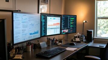 Home office workspace with multiple monitors displaying data. photo