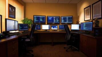 Well-lit office space with numerous computer screens. photo