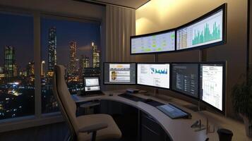 Modern workstation with multiple monitors and city view. photo