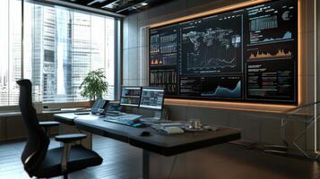 Modern, sophisticated workspace with large digital displays. photo