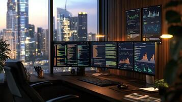 Modern workspace with city views and multiple monitors. photo