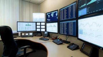Multiple monitors displaying data in a modern office workspace. photo