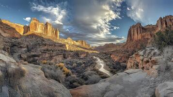 Panoramic view of a canyon river valley at sunset. photo
