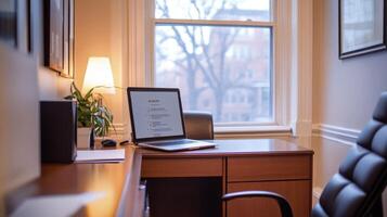 Home office workspace with laptop and window view. photo