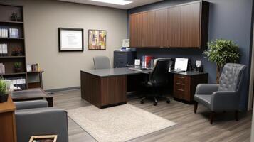 Modern office interior design with comfortable seating areas. photo