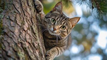 A tabby cat in a tree's textured bark. photo