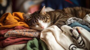 Sleepy tabby cat nestled amidst a pile of clothes. photo